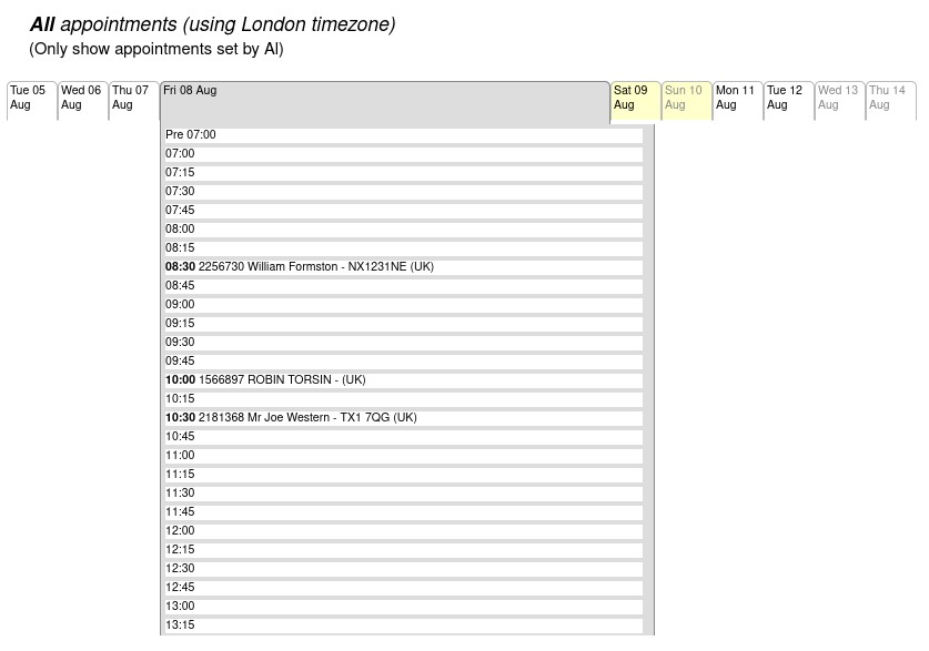 Example appointments pending page for phone interviewing in Cxoice