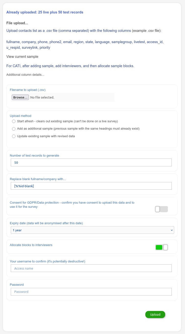Contacts and sample upload screen