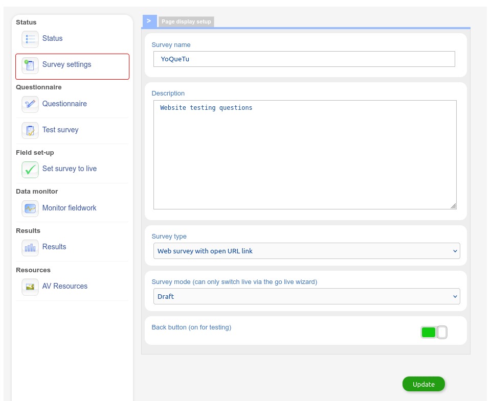 Survey settings screen