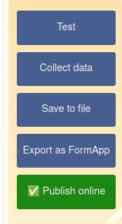 Menu of options for testing and publishing the questionnaire
