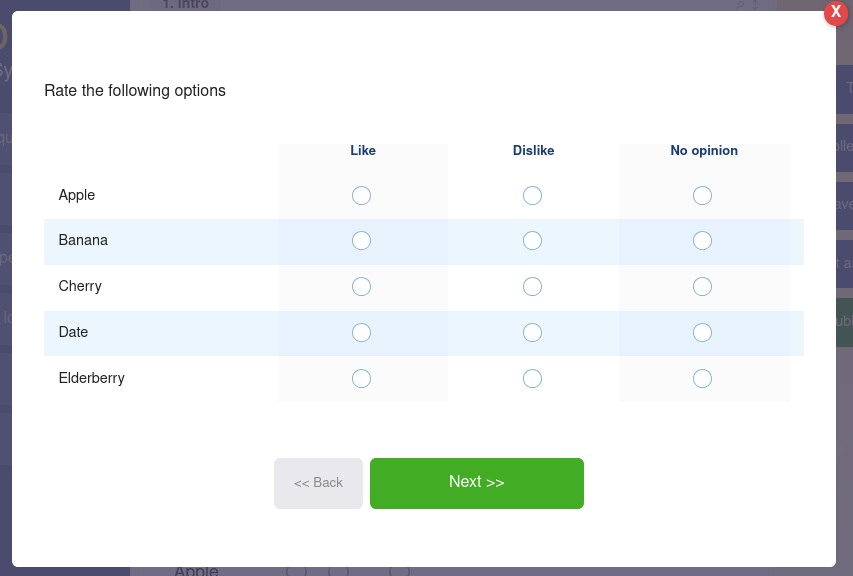 How a grid question looks in Testing and for data capture